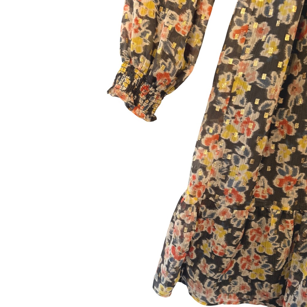 LOFT Womens Small Floral Metallic Gold Foil Dot Long Sleeve Ruffle Flounce Dress - Picture 9 of 10